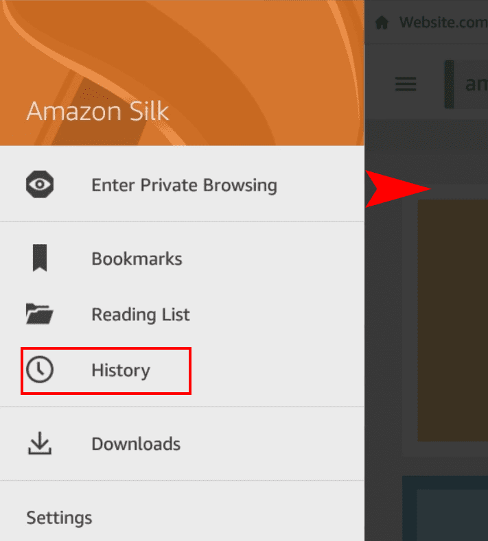 Swipe to the right from the left edge on Silk browser