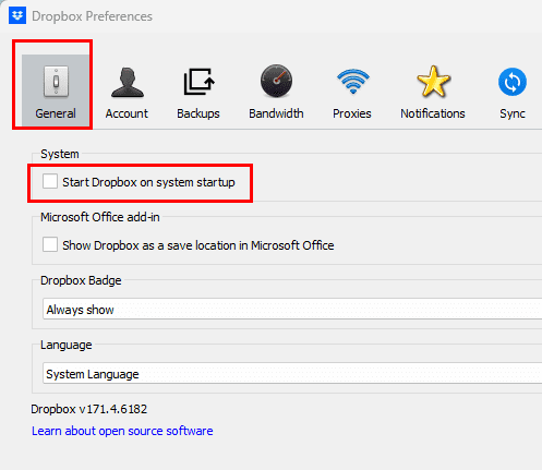 Disabling startup command from DropBox app