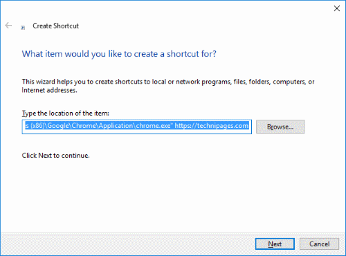 Example of a shortcut that points directly to a specific browser and website.