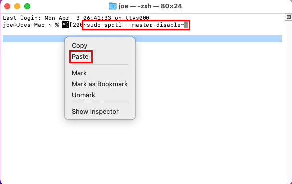 Entering the disable Gatekeeper command on Terminal