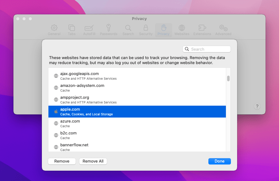 Screenshot of Safari data