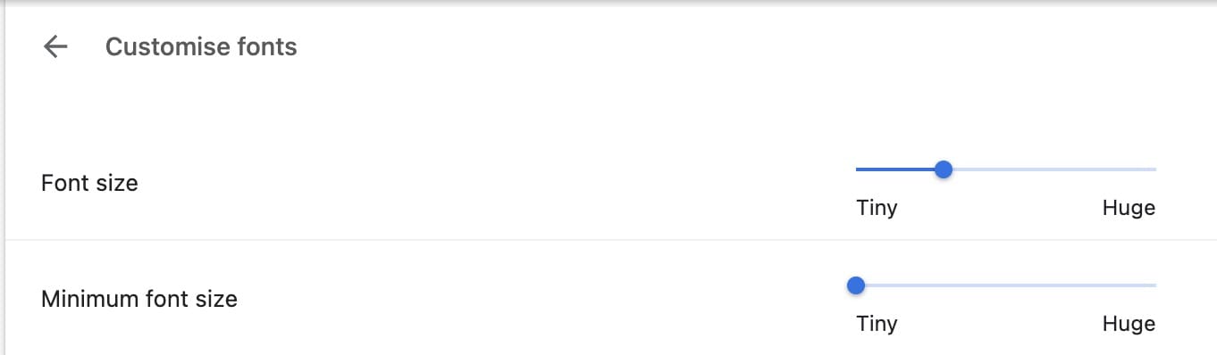 The option to change the font size slider in Google Chrome