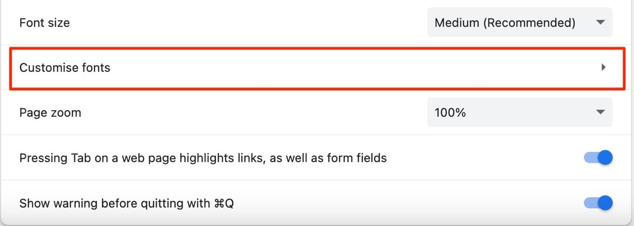 Select the tab to customize fonts in Google Chrome