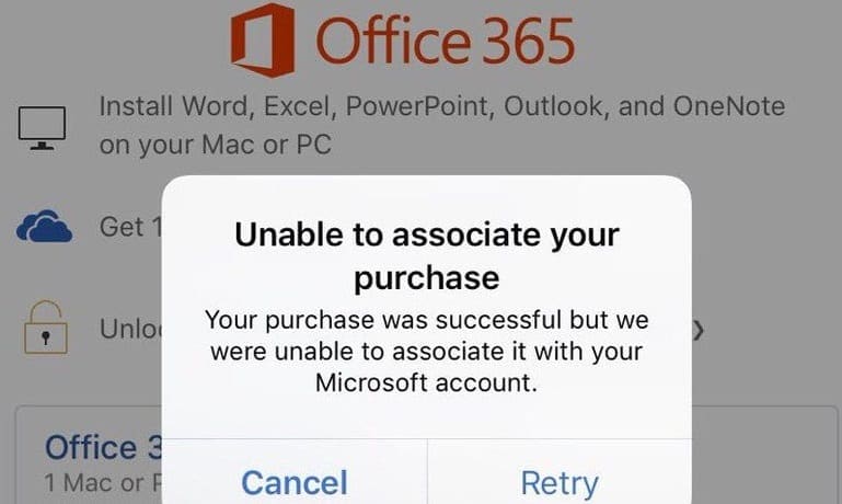 fix office 365 unable to associate your purchase