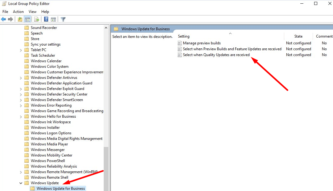 Select When Quality Updates Are Received windows 10 gpedit