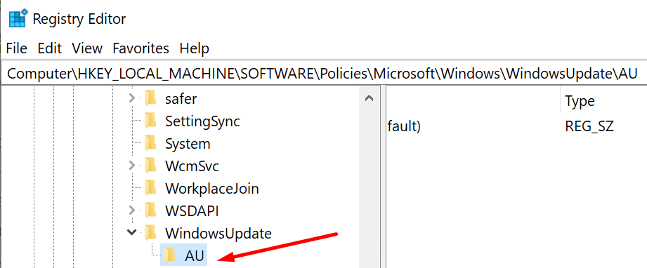 WindowsUpdate key registry editor