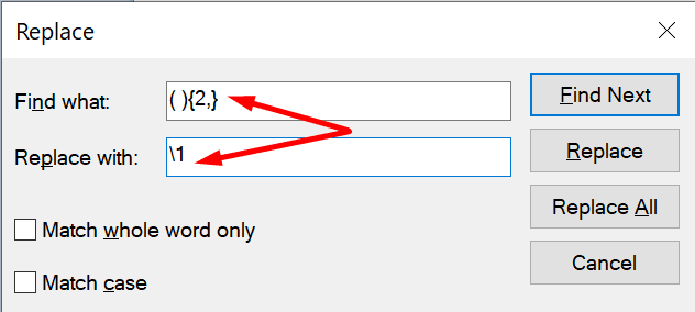 find replace extra spaces words