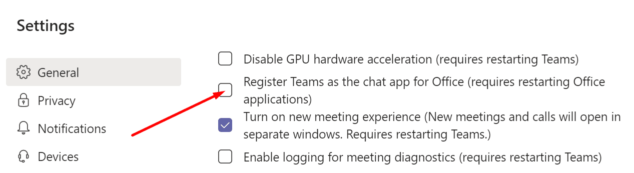 register teams as the chat app for office