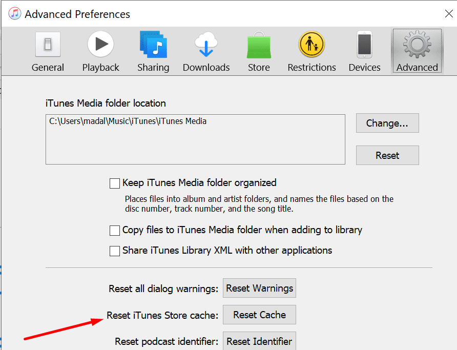 reset itunes store cache