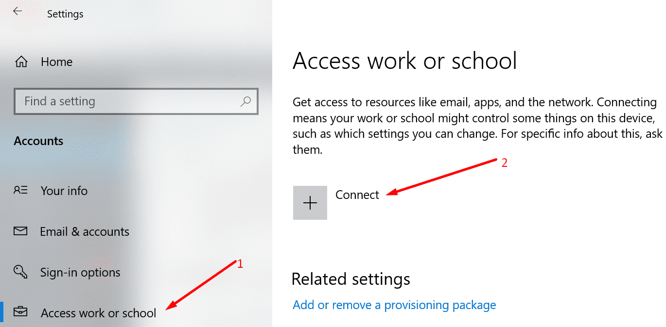 Access work or school windows 10 accounts