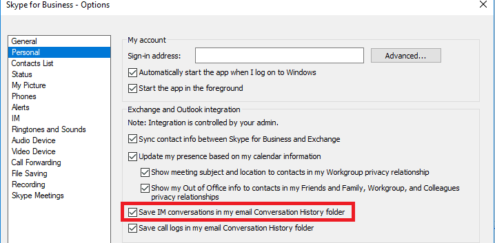 Skype Save IM conversations in Conversation History folder