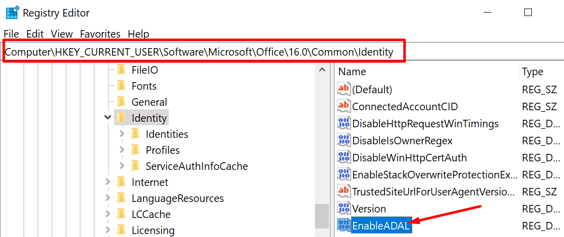enableADAL registry editor windows 10