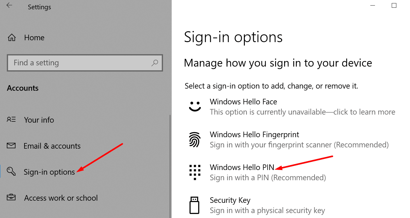 sign-in options windows 10
