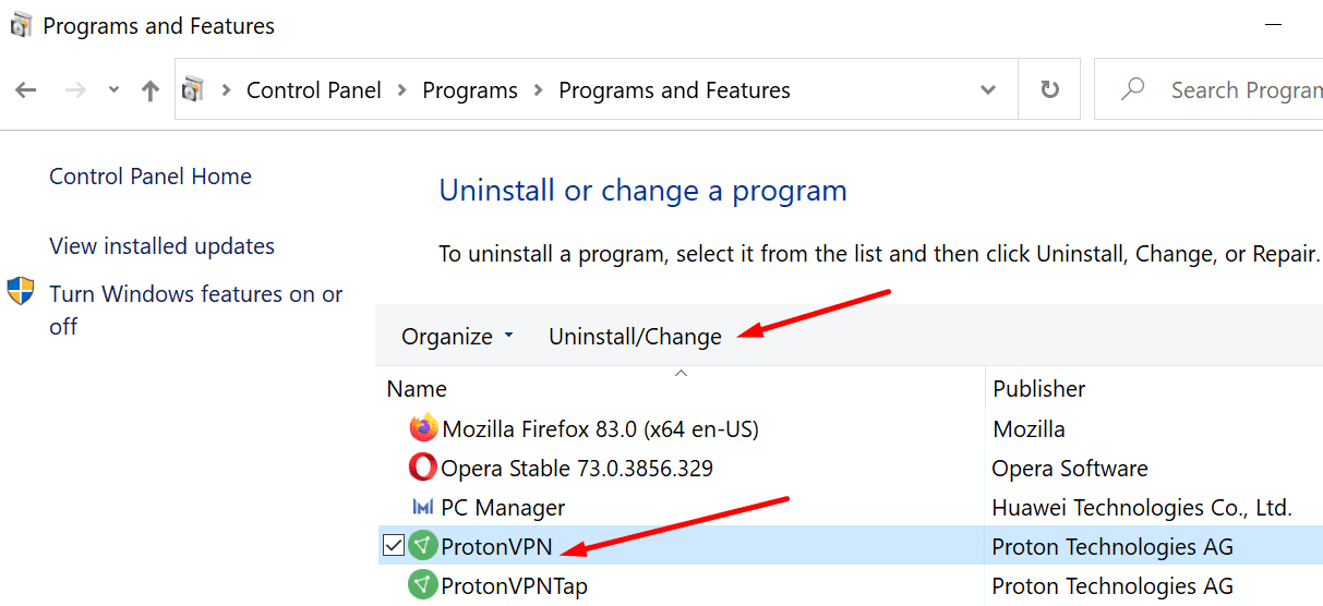 uninstall vpn control panel