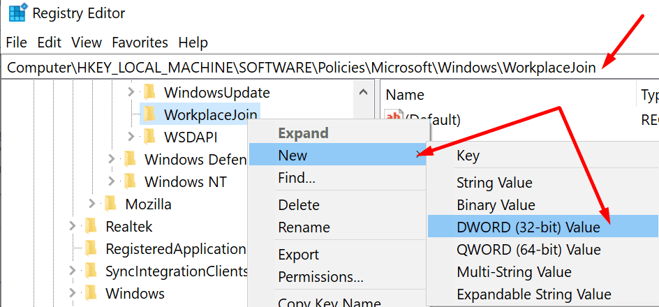 workplacejoin windows registry