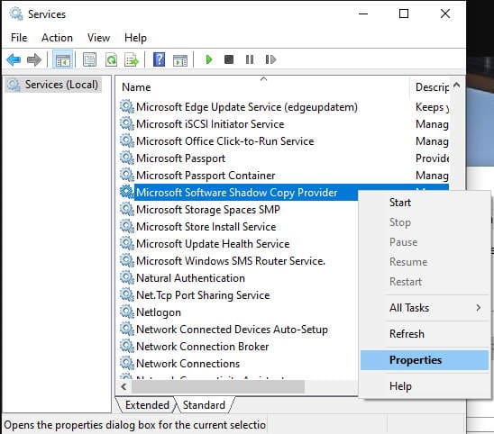 MS Software Shadow Copy Provider Properties Option