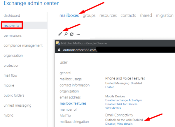 enable Outlook on the Web EAC