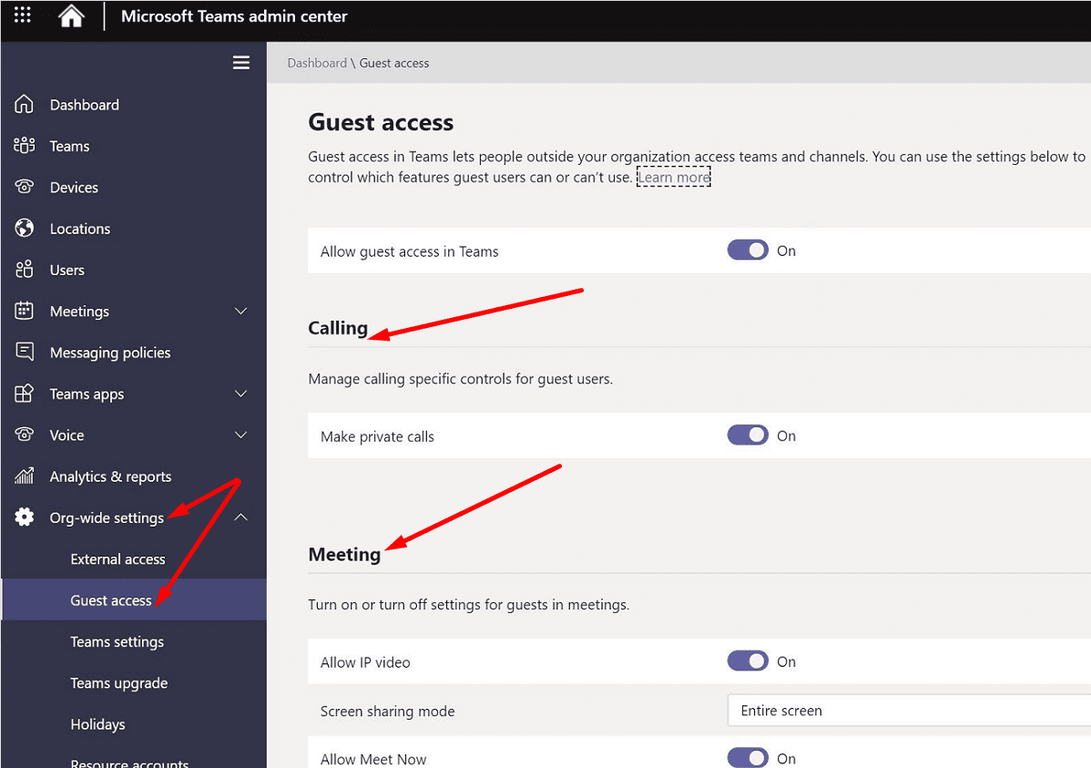 microsoft teams admin center guess access settings