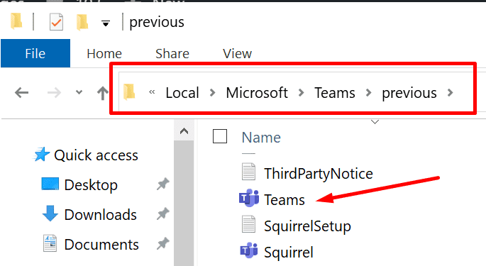 microsoft teams previous folder
