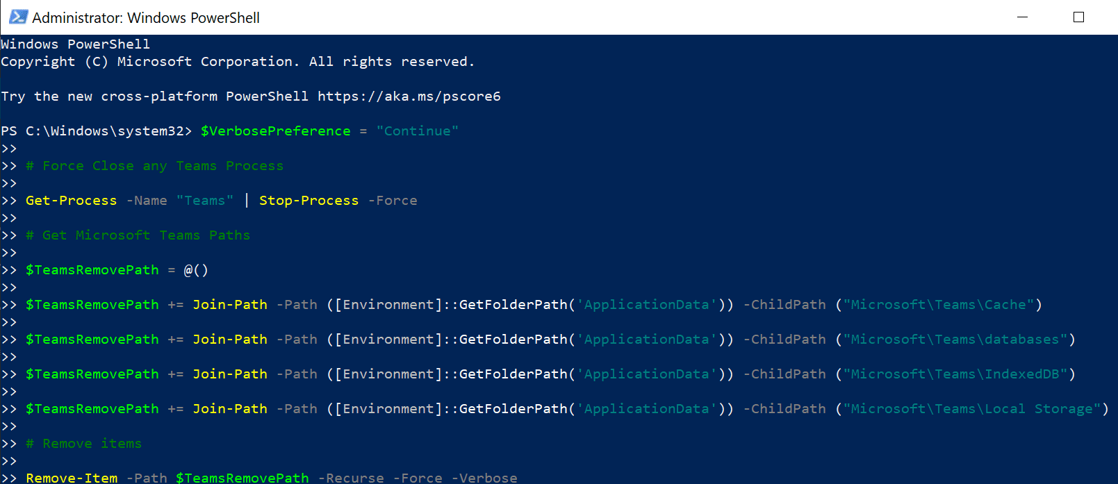 powershell clear teams cache