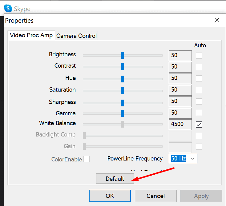 skype webcam properties
