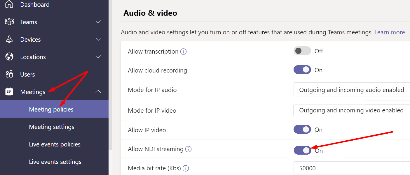 teams allow NDI streaming