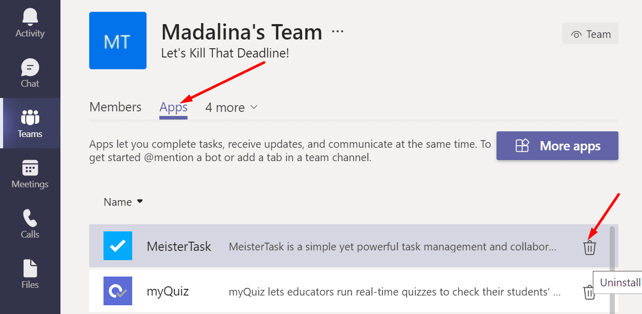 uninstall app from microsoft teams