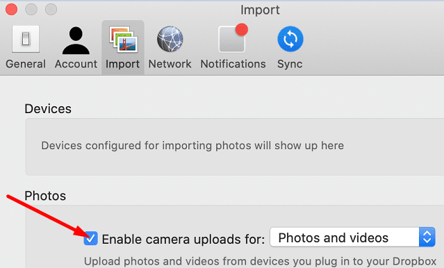 enable camera uploads for photos and videos dropbox