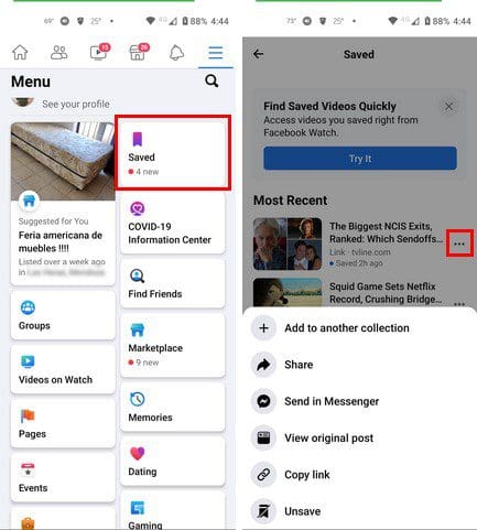 Find saved posts Facebook Android