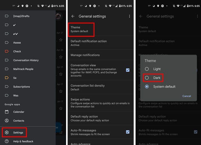 Gmail Android dark mode
