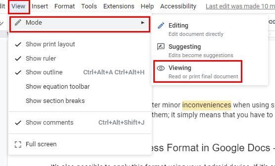Change viewing mode Google Docs