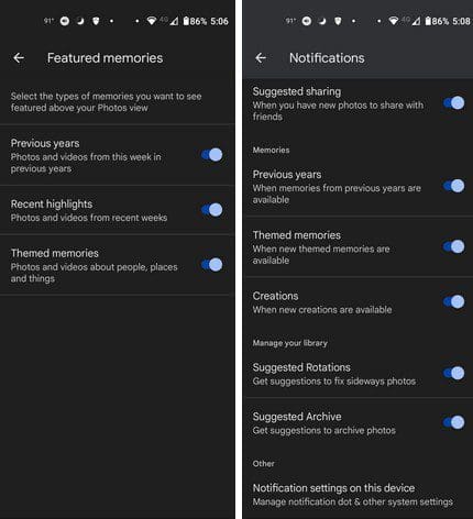 Notifications and Features Memories