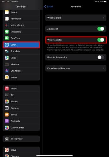 Activating Web Inspector on iPad and iPhone