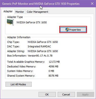 Display adapter properties helps you to check GPU health