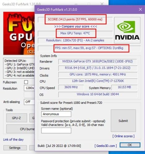 Furmark UI GPU health check Results
