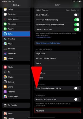 Opening Safari Settings on iPad or iPhone