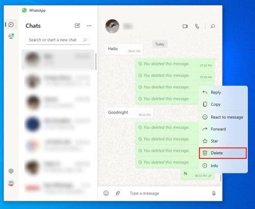 Using WhatsApp delete for me on Windows 10 or Windows 11