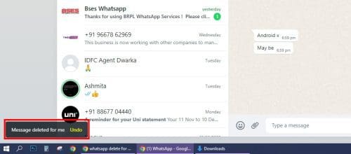 WhatsApp undo Delete for me on Web App