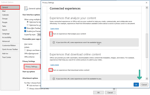 Use the Privacy Settings Option to fix Outlook Get Add-ins Button Is Grayed Out