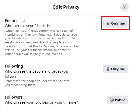 Edit the privacy option for Friends List