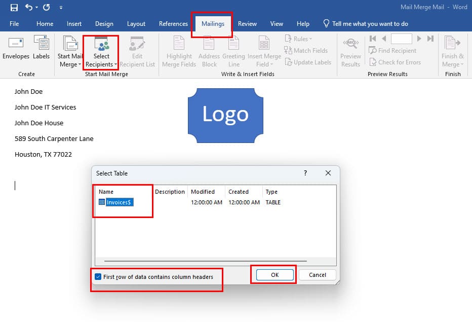 Selecting mail merge database table from Excel