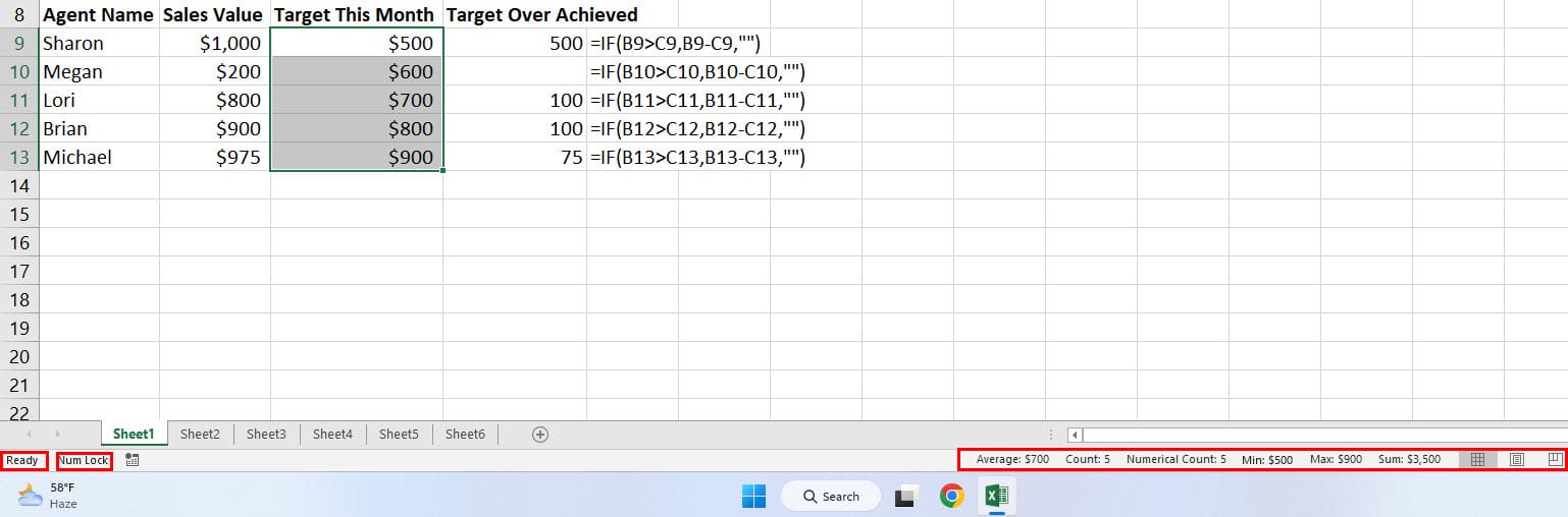 The Excel status bar annotated