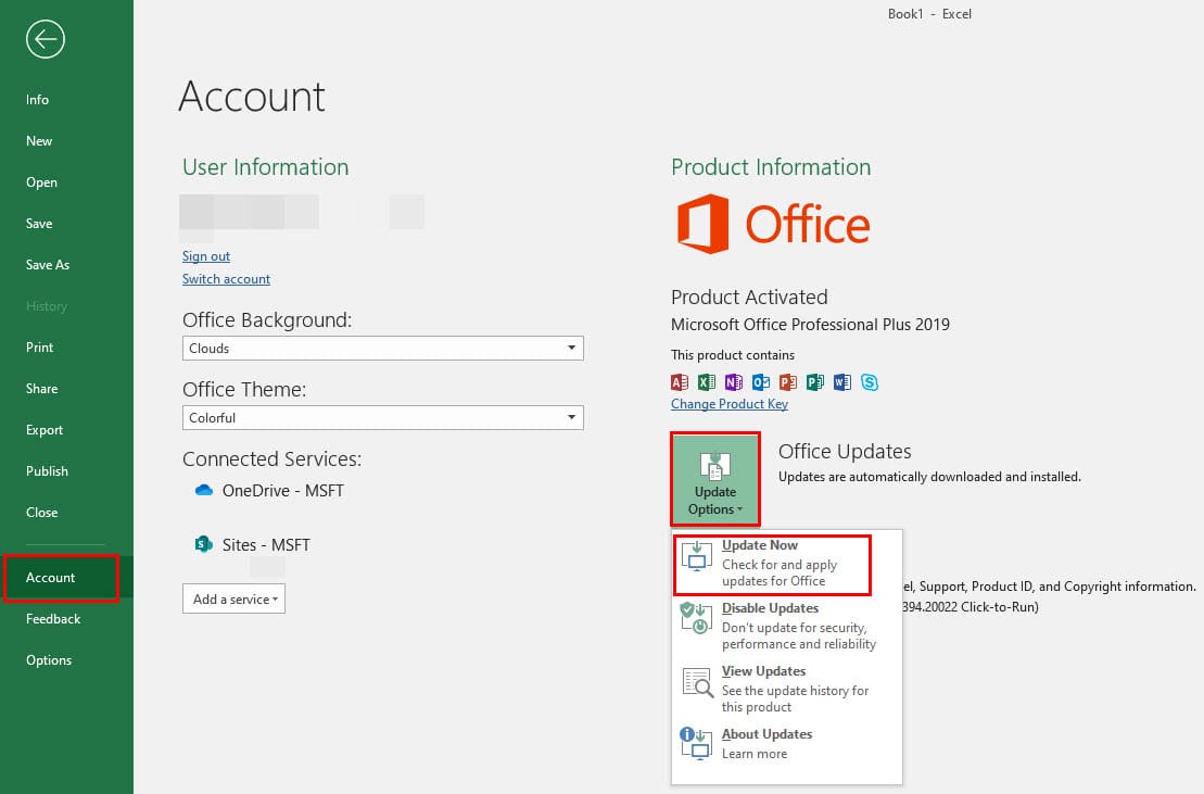Updating Excel desktop app to resolve Excel status bar missing