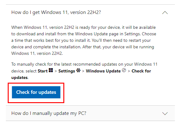 Button to go to Windows 11 updates automatically