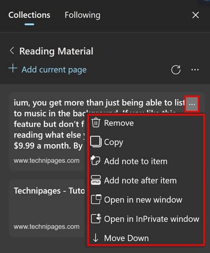 Collection options Edge