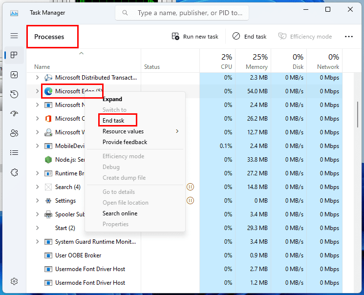 Ending a task on Task Manager