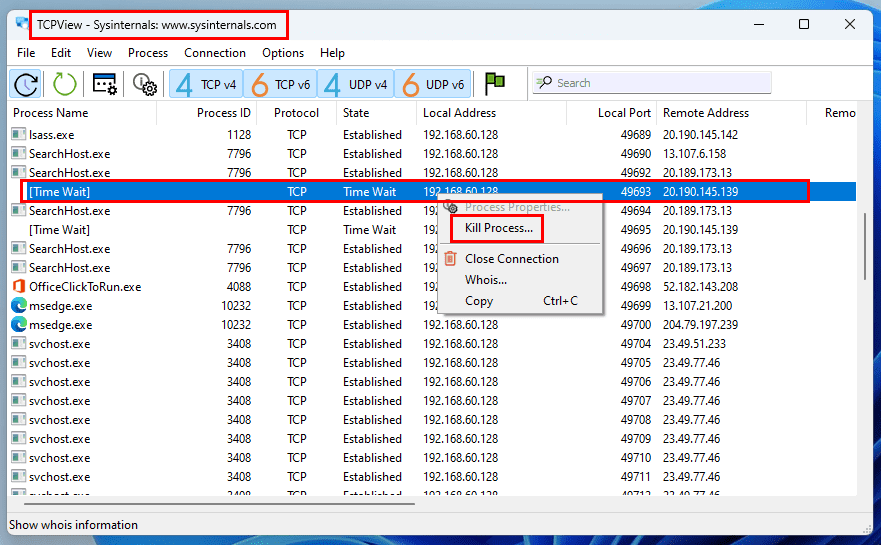 TCPView app to kill a process
