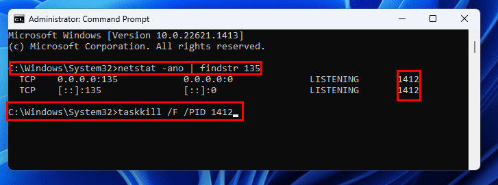 kill process on port using command prompt