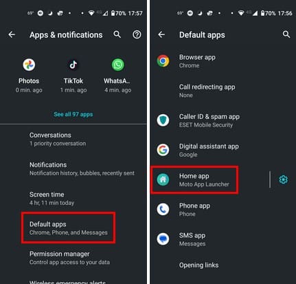 Default app option Android settings