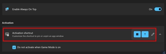 Activation keyboard shortcut for always on top